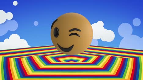 Animation-of-social-media-winking-emoji-icon-over-rainbow-shape