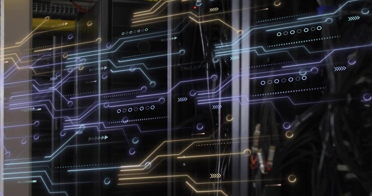 Translucent circuit lines appearing on server racks pulsing LED lights animating showing data flow