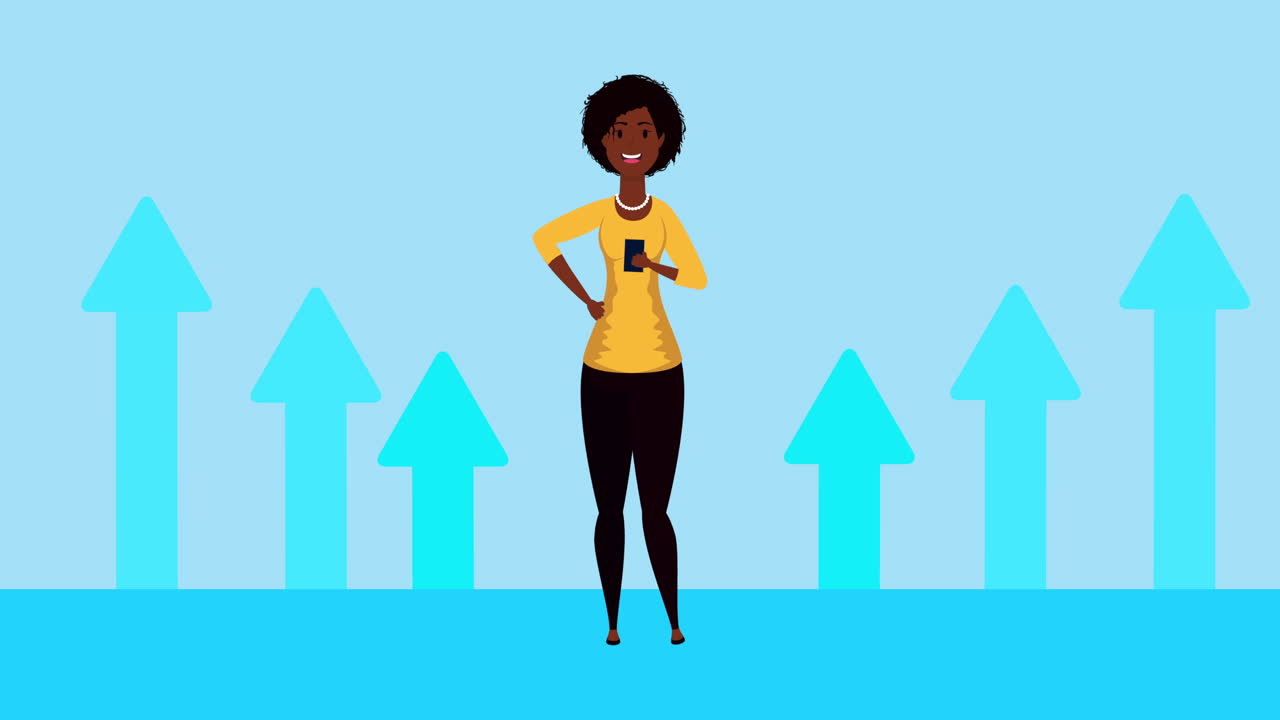 mujer de negocios afro con flechas estadísticas