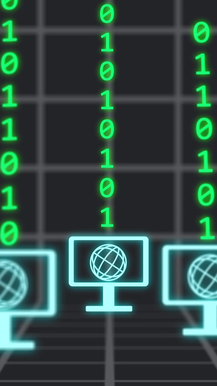Animation of cloud icon and digital screens over binary coding