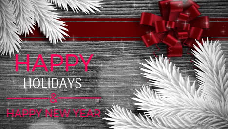 animation of happy holidays and happy new year text with christmas fir trees on wooden background