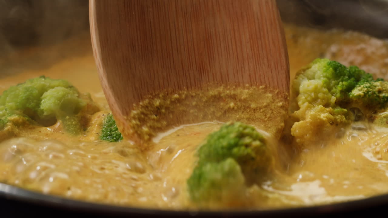 Cooking Broccoli Curry in a Pan
