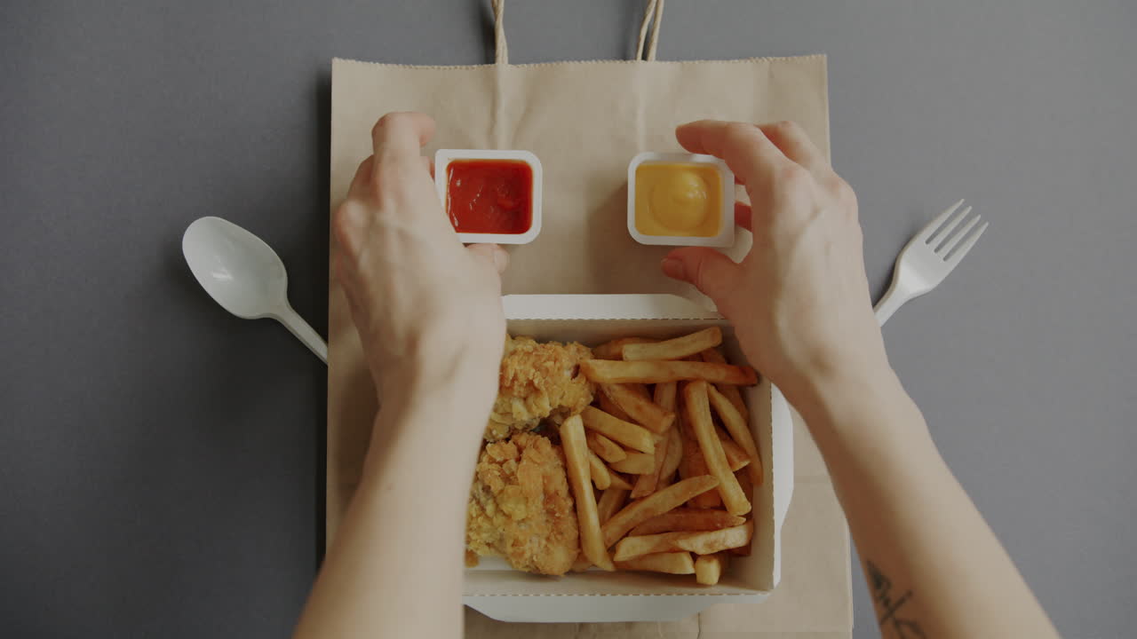 Person eating fried chicken and fries