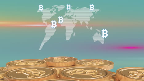 gold bitcoins over world map with bitcoin symbols against green background.