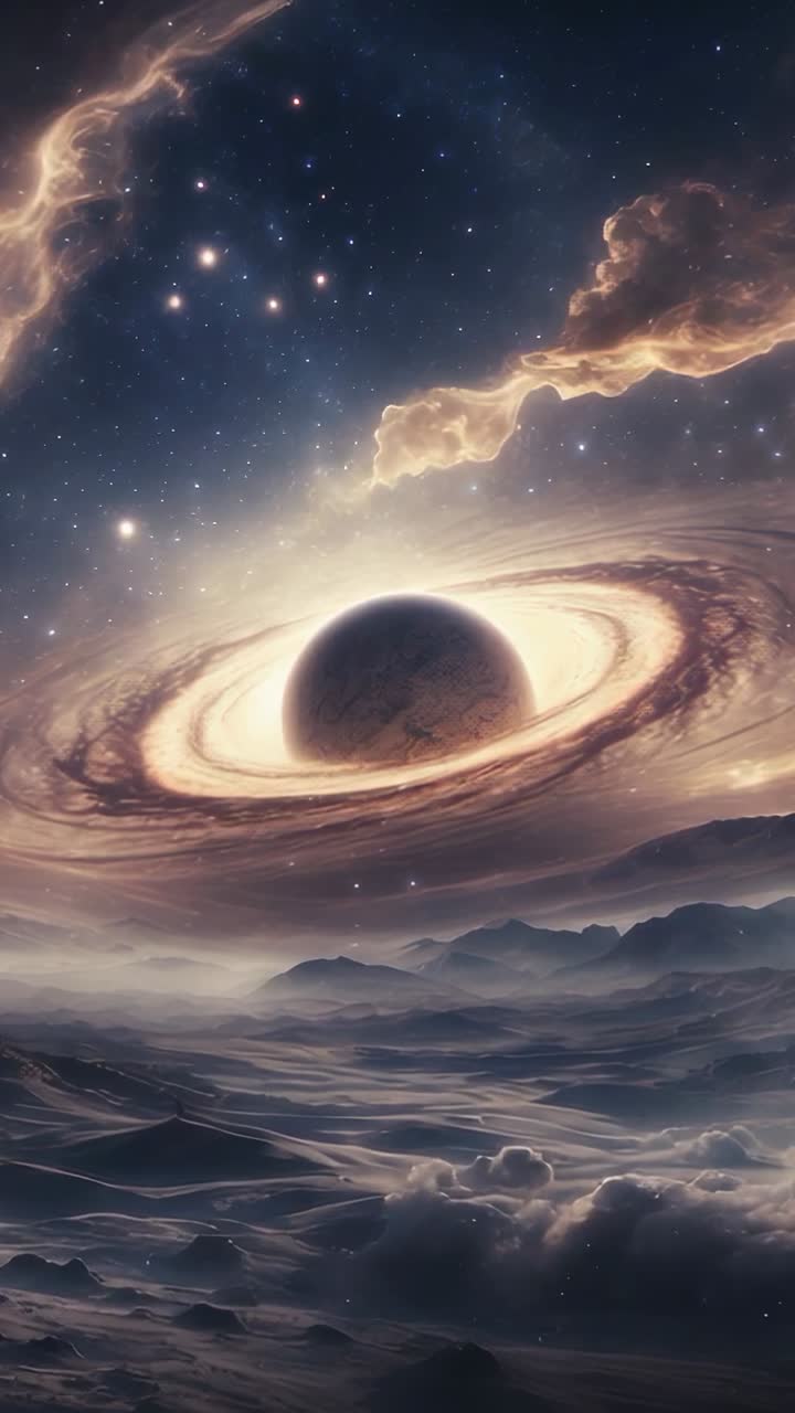 Video i højformat: Viser kosmisk scene over tågeindhyllet planet med glødende akretionsring