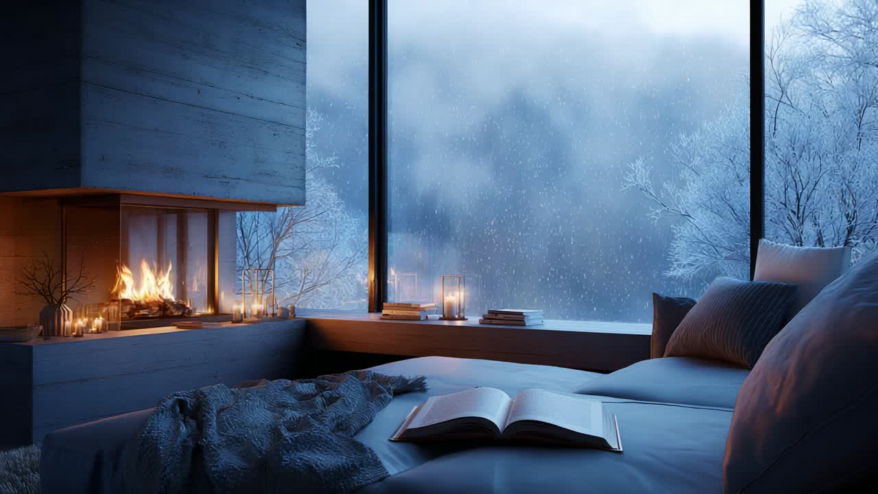 Cozy Winter Retreat: A Serene Interior Scene Featuring a Comfortable Bedding Setup Next to a Warm Fireplace, Capturing the Tranquil Beauty of Snowy Landscapes Outside a Large Window