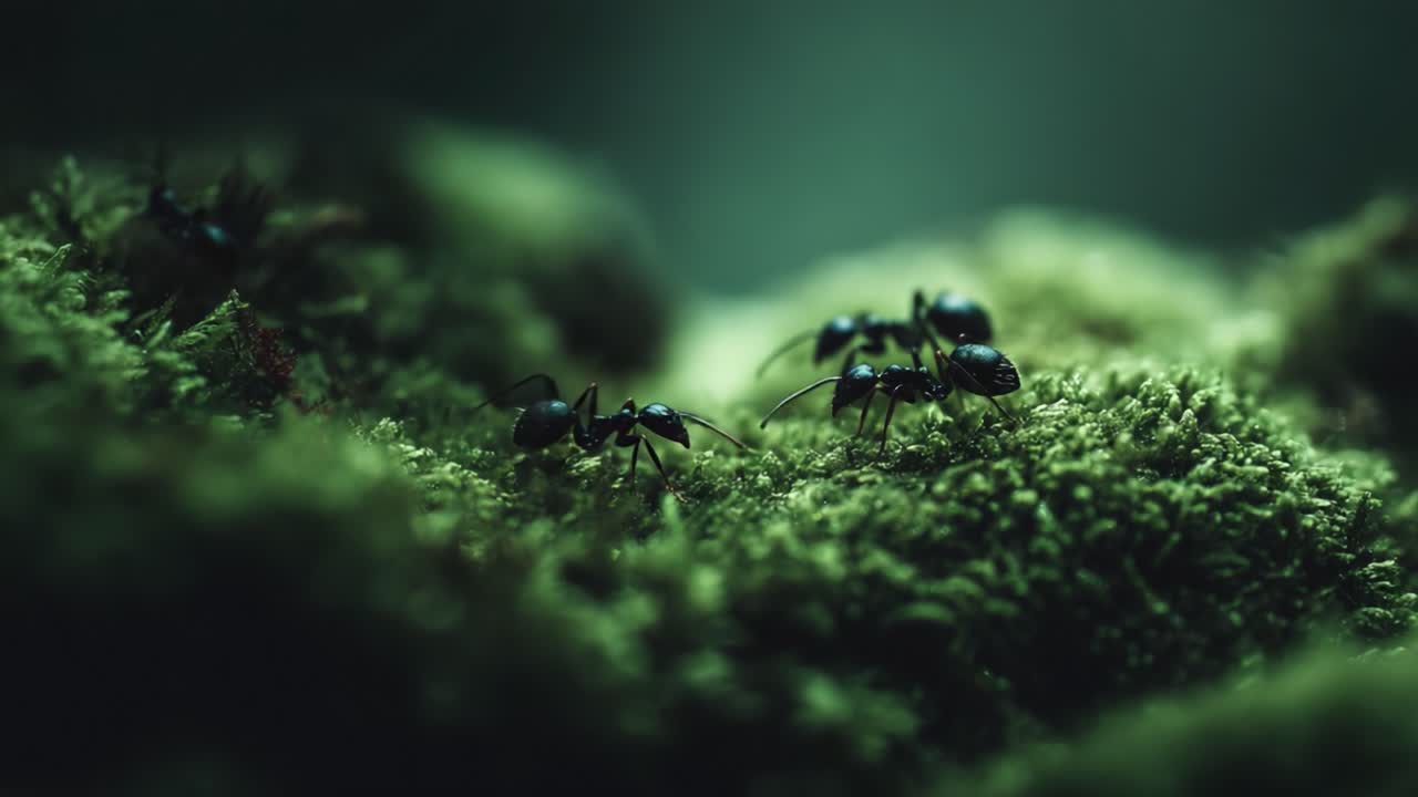 A Close-Up Exploration of Ants on Lush Green Moss: Nature's Intricate Microcosm in Action, Showcasing the Beauty and Complexity of These Tiny Creatures and Their Habitat