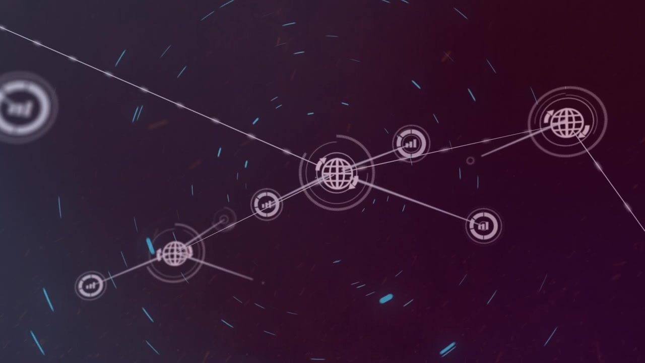 Animation of network of connections with icons over dark background