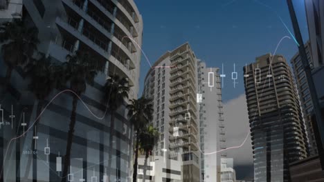 animación del procesamiento de datos estadísticos frente a una vista de ángulo bajo de edificios altos