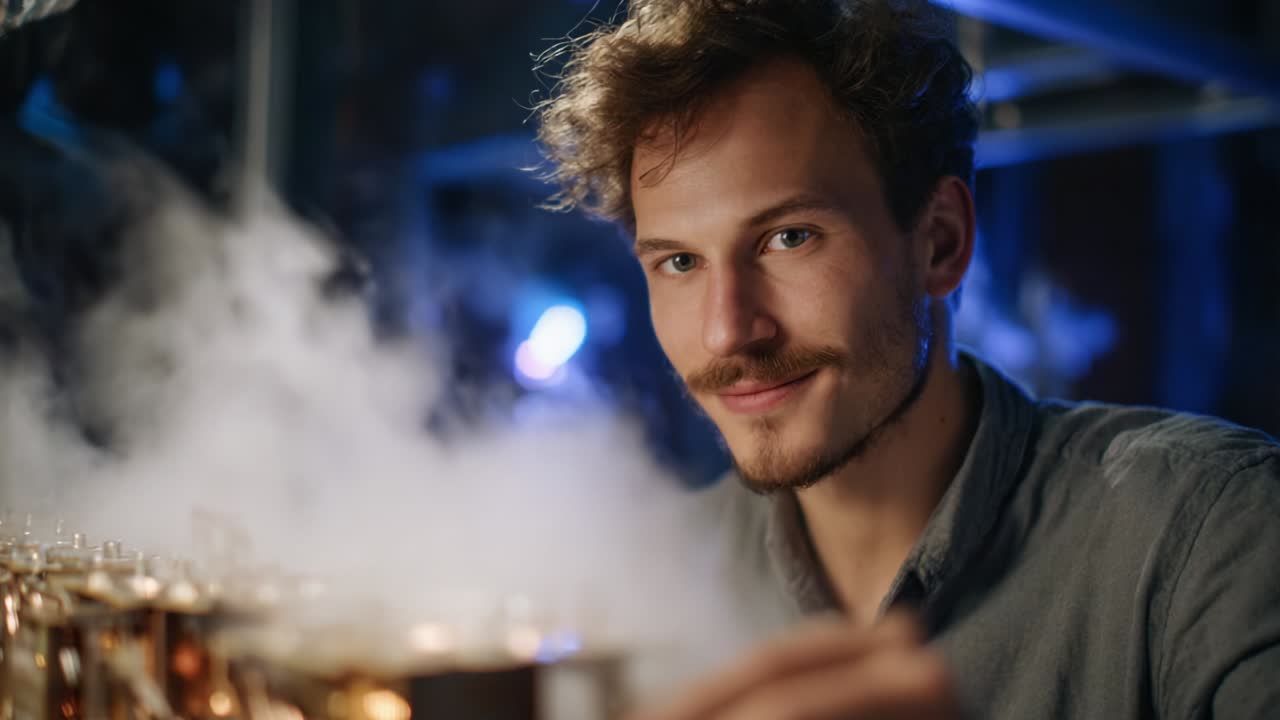A Smiling Young Man Engaging with Experimental Drinks in a Mystical Setting, Surrounded by Steam and Soft Lighting, Emphasizing the Artistic Exploration of Mixology in an Intimate Atmosphere