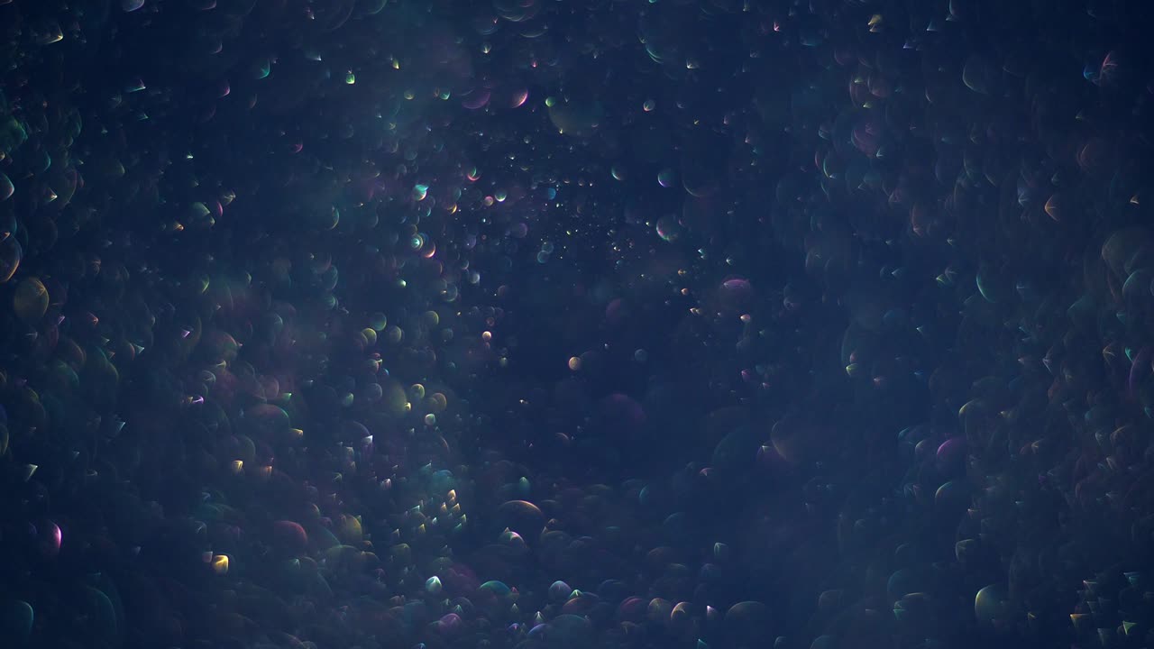 Chaotical smooth swirling of transparent shimmering bokeh bubbles like molecules on dark cosmos background.