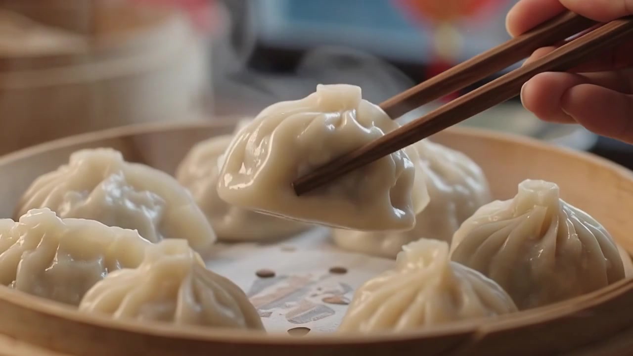 Steaming Dumplings in Bamboo Basket Served in Restaurant