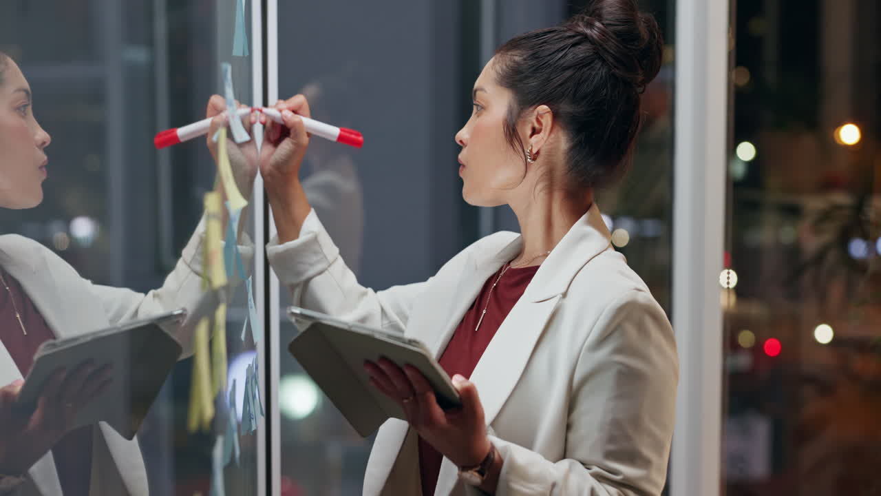 Businesswoman planning and writing ideas on glass