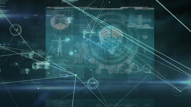 Animation of network of connections and data processing on black background