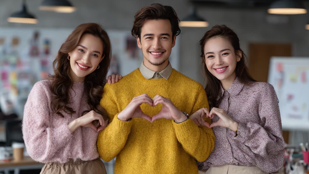 A Heartfelt Celebration of Friendship and Joy: Three Friends Share a Heart Gesture in a Bright, Creative Space, Illuminating Bonds of Affection and Unity