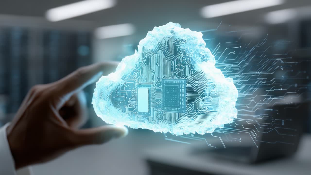 A Futuristic Representation of Cloud Computing with Digital Circuitry Showcased by a Hand Holding a Glowing Cloud, Symbolizing Advanced Technology in Data Management