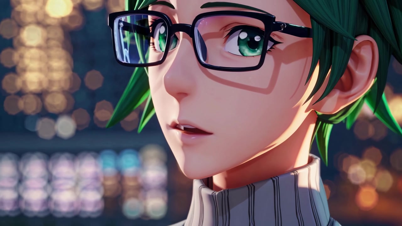 Primo piano di un personaggio anime pensieroso con capelli verdi e occhiali