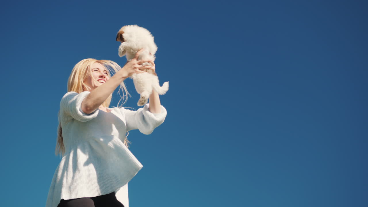 mujer joven en trampolín sosteniendo cachorro