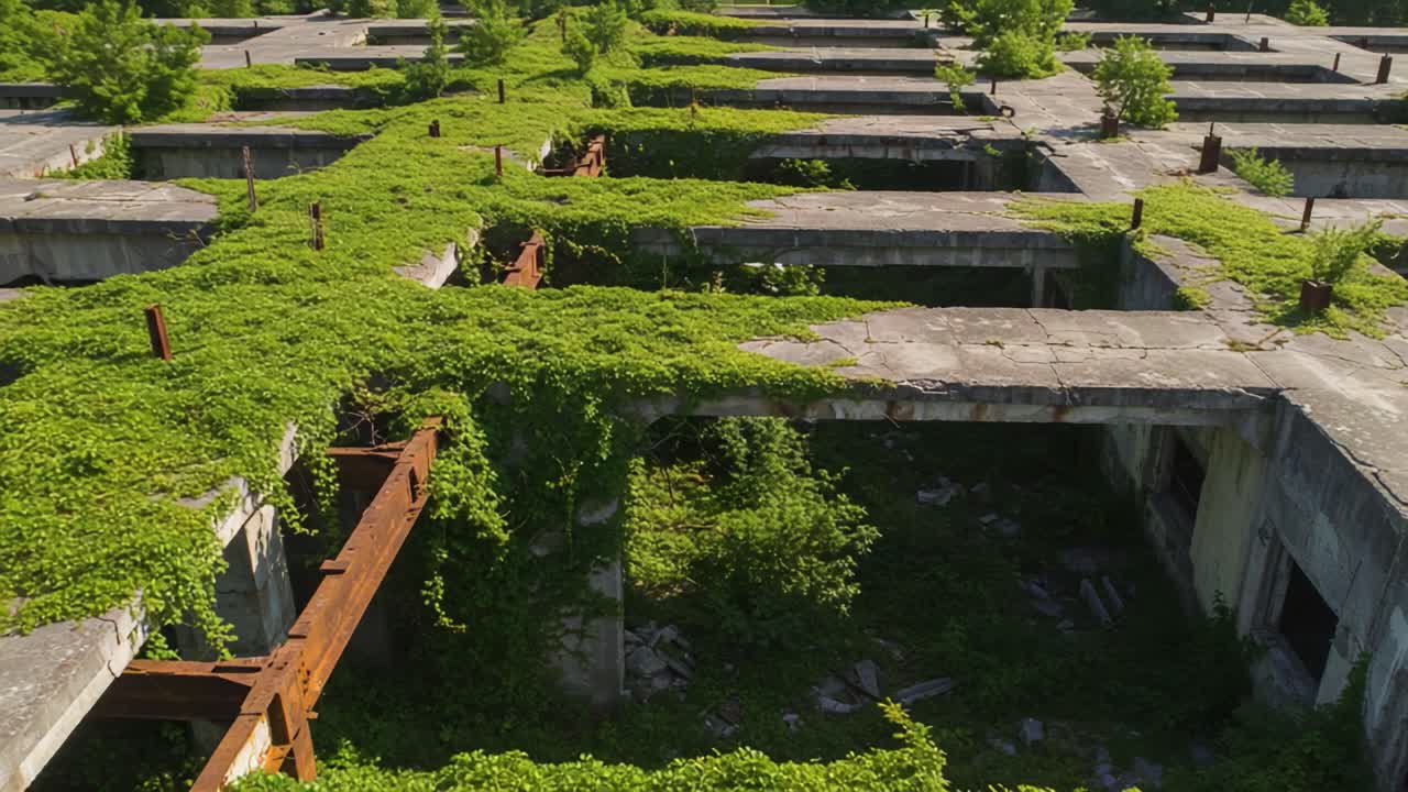 Aerial View of Overgrown Abandoned Structure with Wild Greenery Reclaiming Concrete Framework in a Serene Landscape Full of Nature's Green