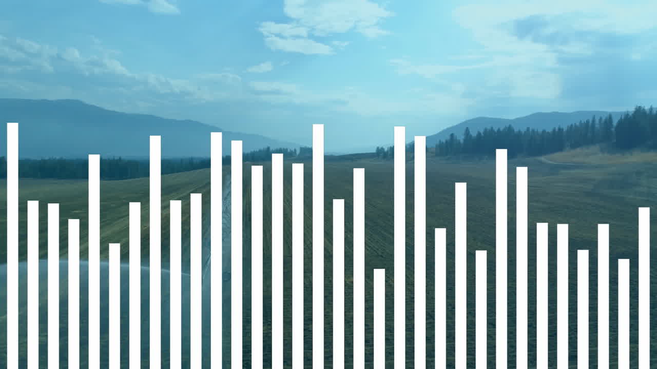 Animación de gráfico de barras sobre un pintoresco paisaje montañoso con cielo azul y nubes