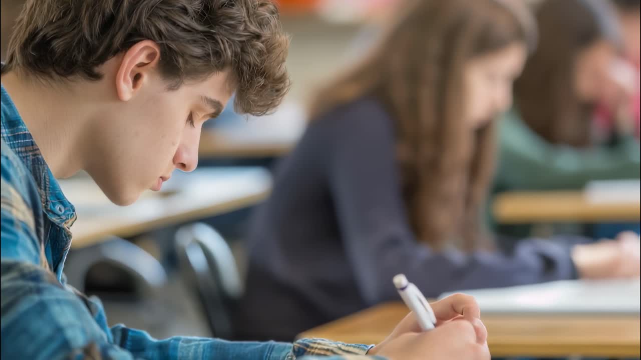 Young student concentrating on taking a written exam at school desk, other students working blurred in background, education and assessment concept