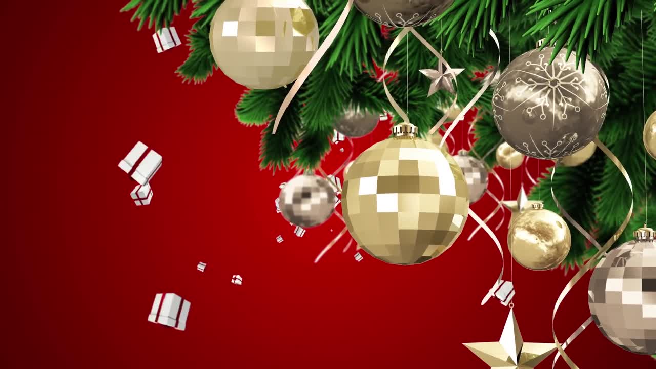 decoraciones de navidad colgando en el árbol de navidad contra iconos de regalos flotando contra un fondo rojo