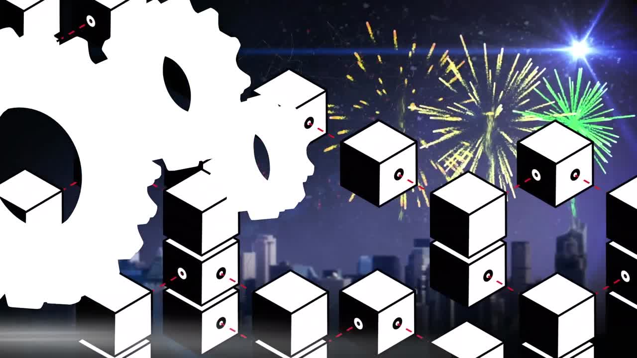 빛나는 파란색과 초록색 스크린을 가진 텔레비전 세트의 줄의 애니메이션