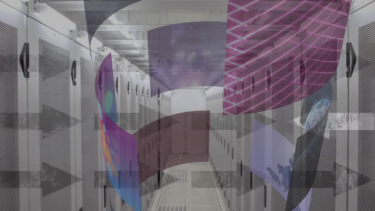animación de servidores informáticos, flechas y procesamiento de datos en pantallas