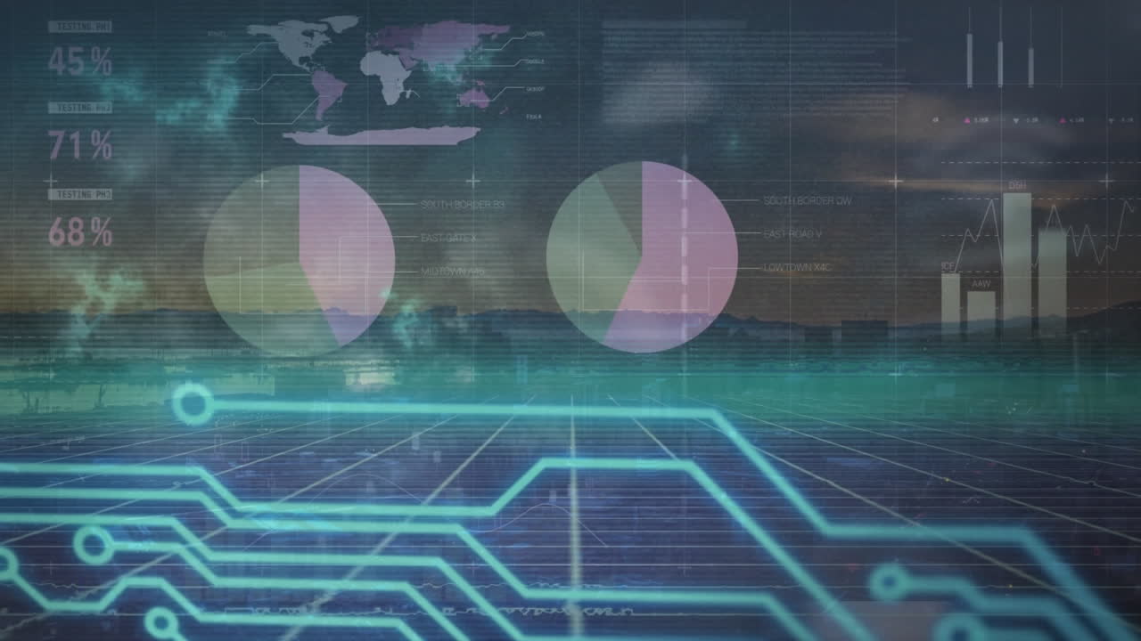 Animation of statistics and financial data processing with computer circuit board