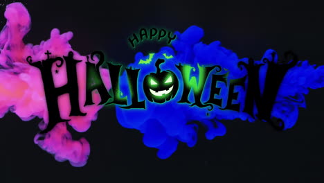 animation of happy halloween text and blue and pink smoke on black background