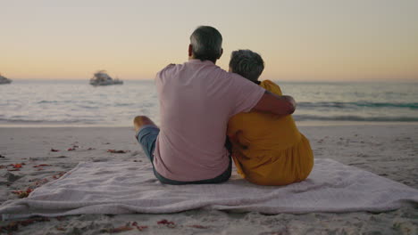 back, sunset and senior couple on a beach