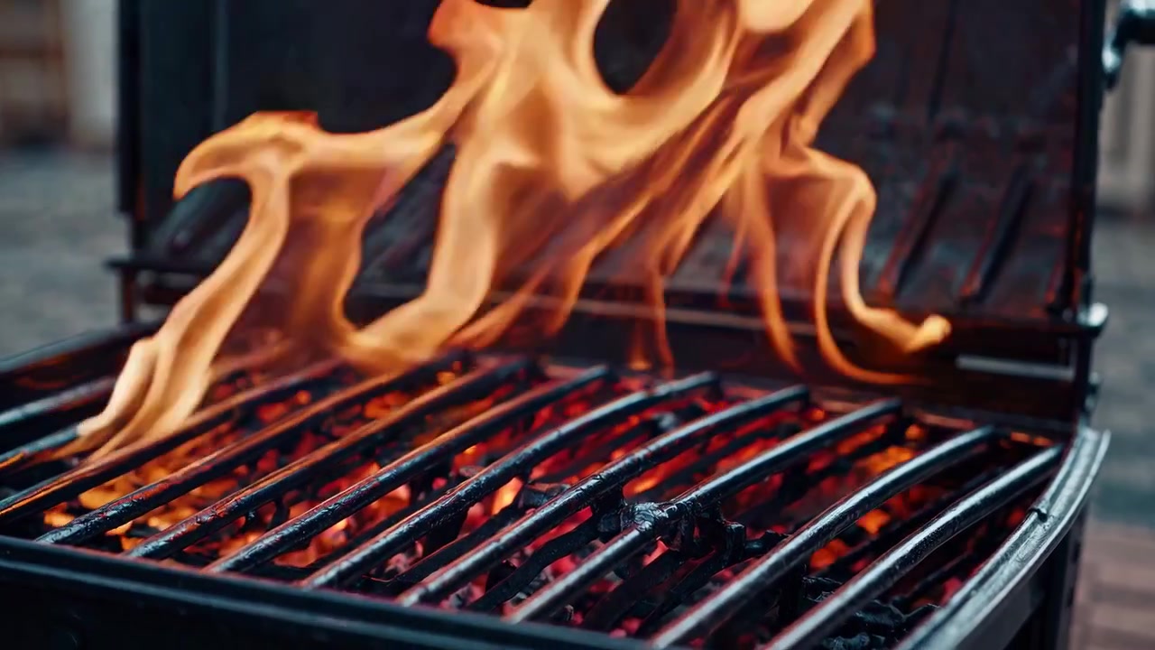 Fiamme che si alzano dalle griglie di un barbecue a carbone