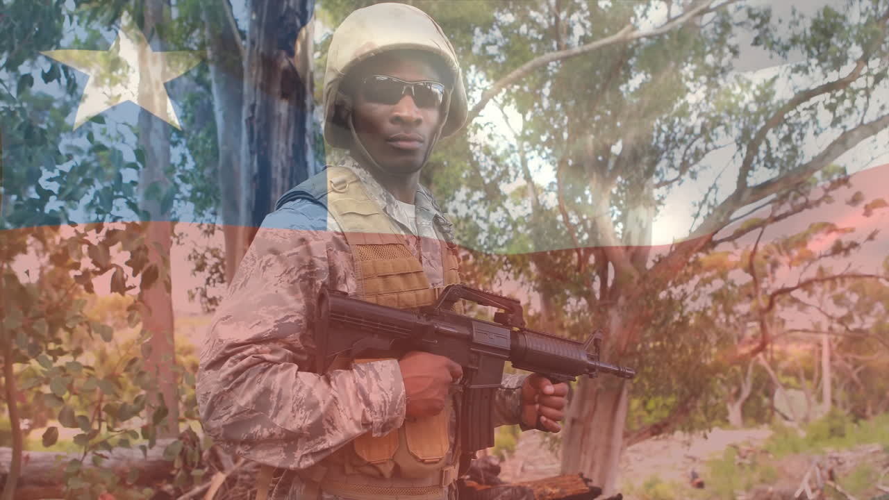 Holding rifle, soldier in camouflage with flag colors animation in forest setting