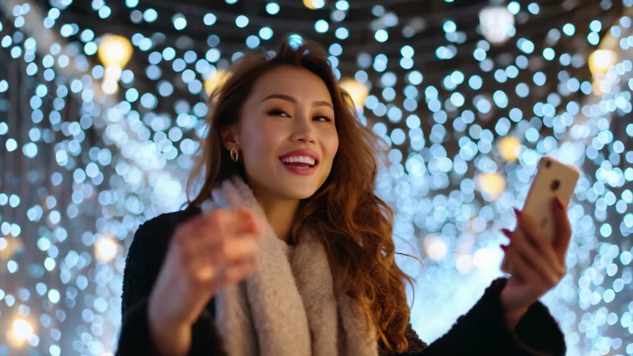 A Joyful Woman Expresses Happiness with a Smartphone in a Beautifully Decorated Setting with Twinkling Lights, Capturing a Moment of Celebration and Connection during a Festive Evening
