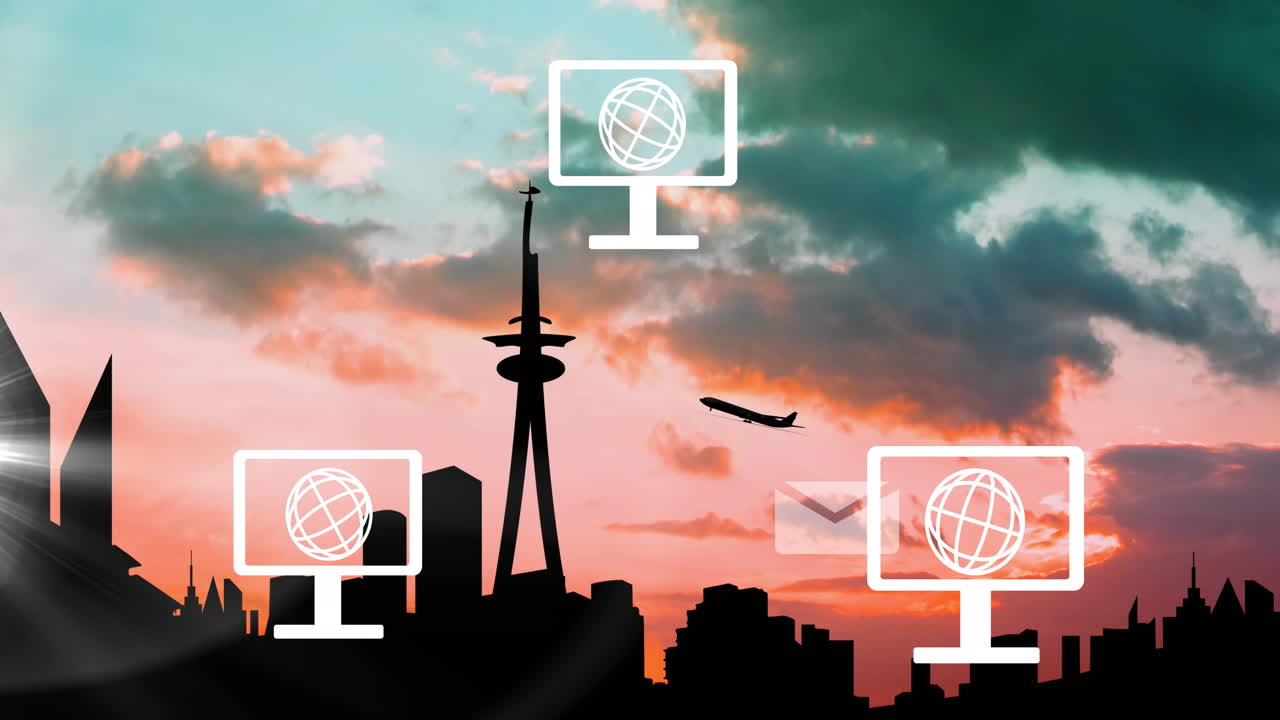 아이콘, 연결 및 데이터 처리를 풍경 위에 애니메이션