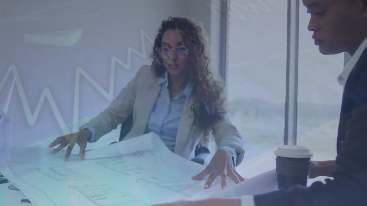 Animação de processamento de dados financeiros sobre pessoas de negócios