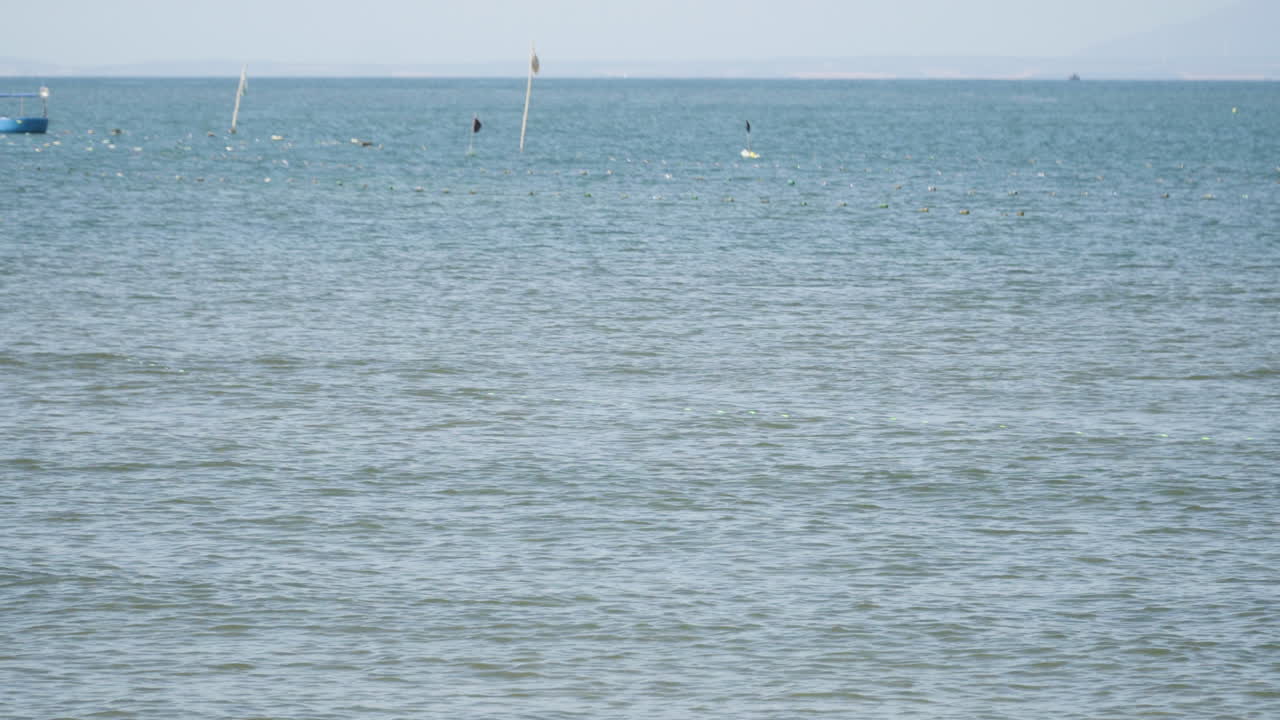 베트남 해안 근처 바다에 깃발이 표시된 어망 위치