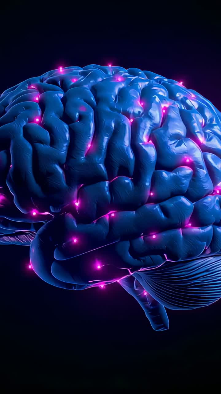 Vertical video: Rotating blue brain on dark void pulsing pink nodes at start showing brain firing