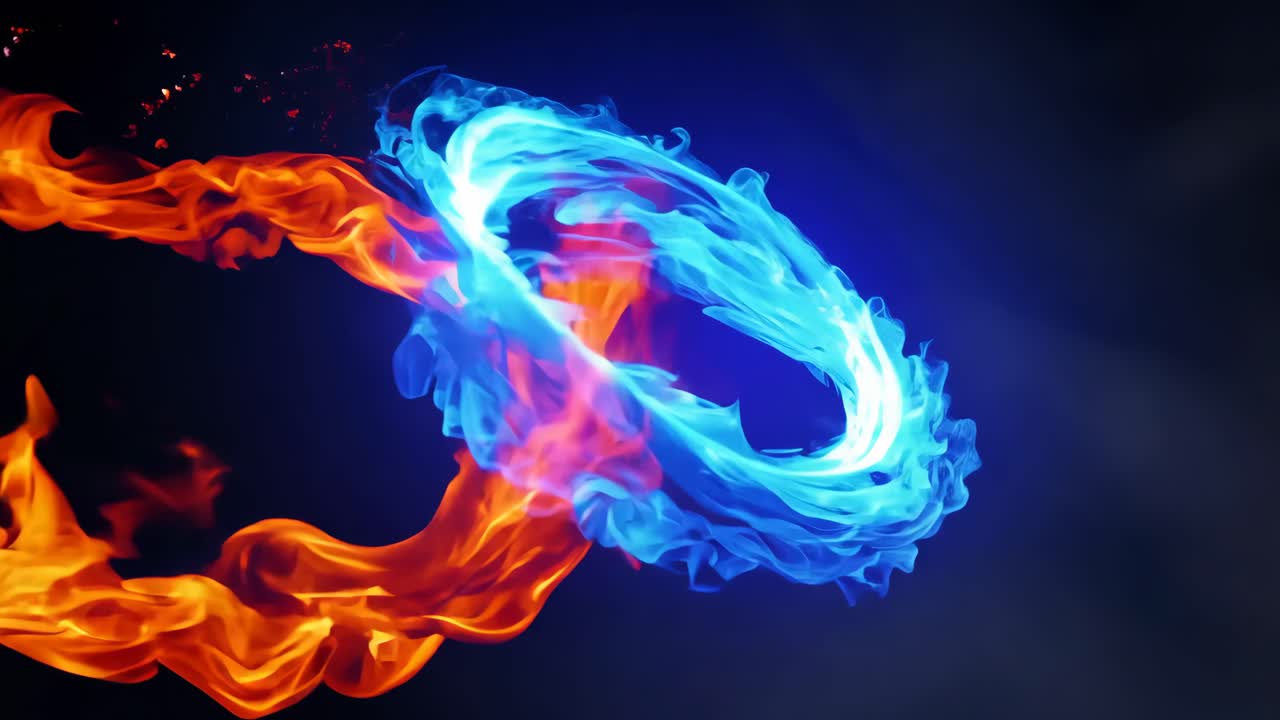 A blue and orange flame is shown in the center of a circle. The blue and orange flames are swirling around each other, creating a sense of movement and energy
