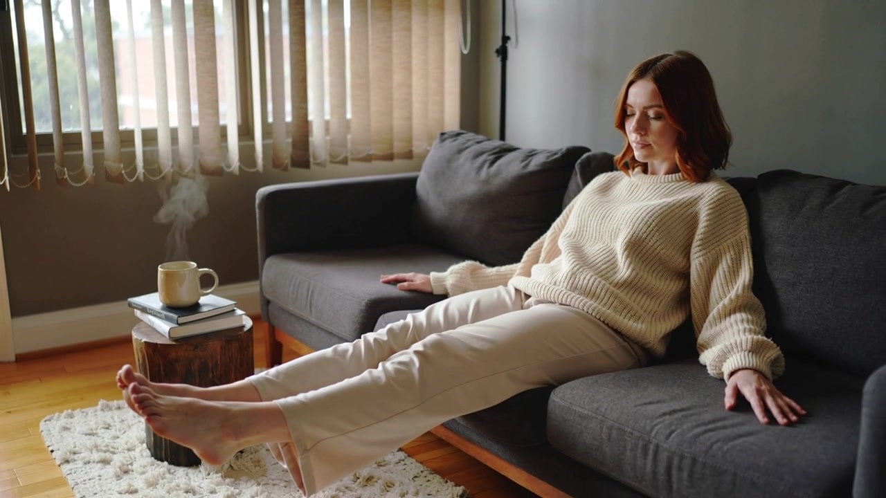 Donna in maglione color crema si accomoda sul divano di casa, la luce del giorno attira lo sguardo verso una tazza fumante per riscaldarsi.