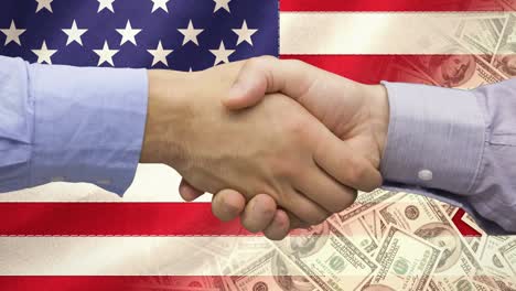 animation of two caucasian men shaking hands over american flag and banknotes