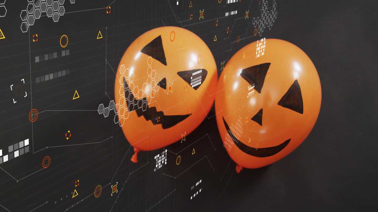 All'inizio della sequenza, due palloncini a forma di zucca arancioni riposano con sovrapposizioni digitali che materializzano il flusso di dati.