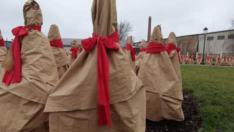 Muchos-Rosales-En-El-Jardín-De-Flores-Envueltos-En-Papel-Y-Atados-Con-Una-Cinta-Roja