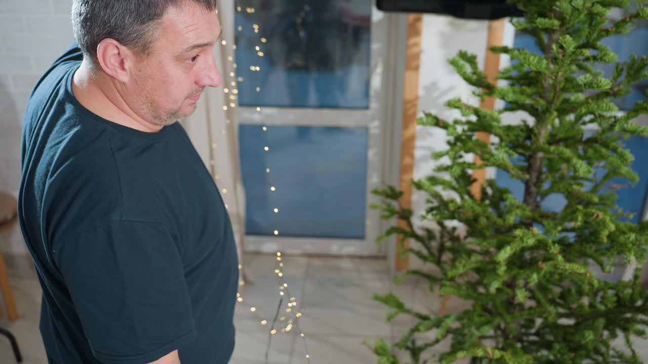 Man in blue top holding Christmas lights, examining tree, searching for ideal place to hang lights, preparing for holiday decoration, creating festive ambiance in living room