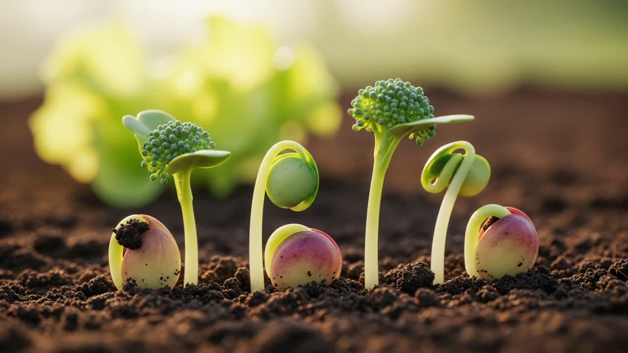 A Journey of Growth: Captivating Close-Up of Sprouting Seeds Emerging from Rich Soil with Lush Greenery in the Background and a Warm Glow of Nature's Light