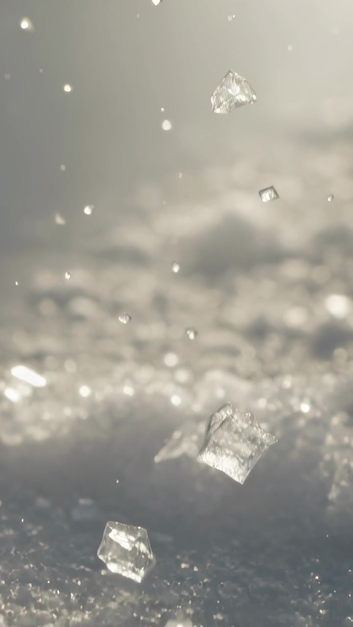 Video verticale: Cristalli di ghiaccio sfaccettati che cadono nella neve leggera verso un letto di neve, depositandosi con effetto bokeh.