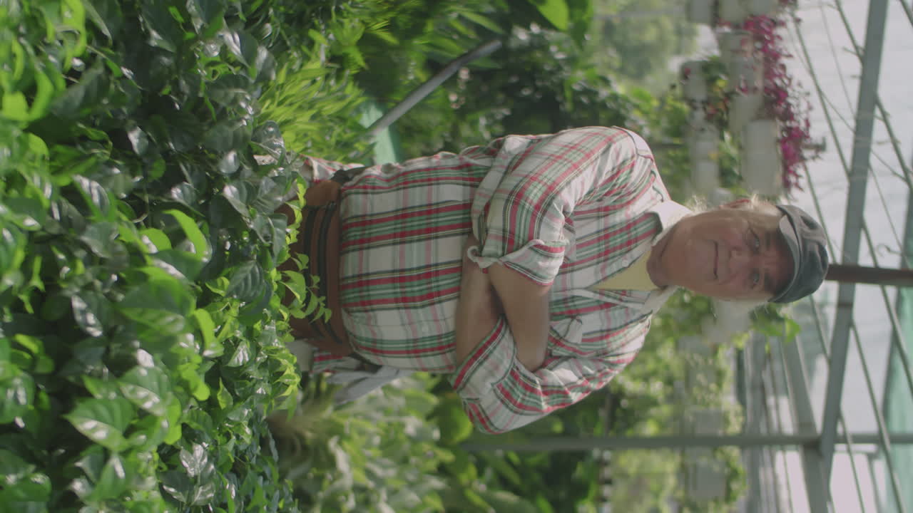 Portrait of Senior Nurseryman among Plants in Greenhouse