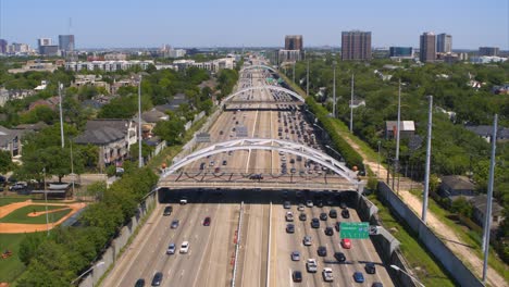 Aerial-view-of-car-traffic-on-59-South-freeway-in-Houston,-Texas