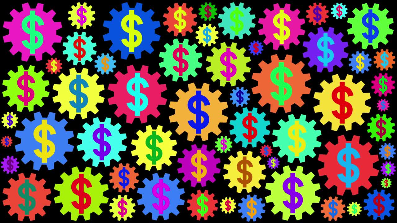 다채로운 달러 표지 기어 회전 배경