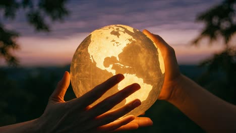 two hands cradle a glowing globe as the sun sets in the background, casting a warm light over the scene. the shifting colors of the sky create a serene atmosphere, enhancing the significance of the moment. this imagery emphasizes the importance of global awareness and connection to the earth. as nig